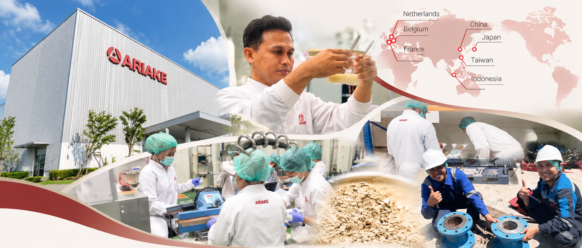 Ariake company overview featuring manufacturing facilities, laboratory, production activities, and global presence