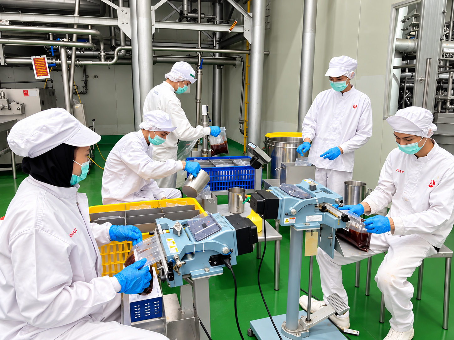 Food production team working together in a manufacturing facility